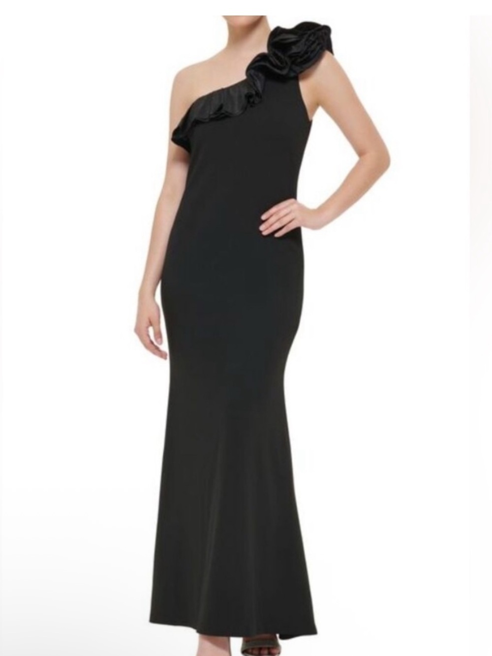 Jessica Howard Black One-Shoulder Ruffle Gown